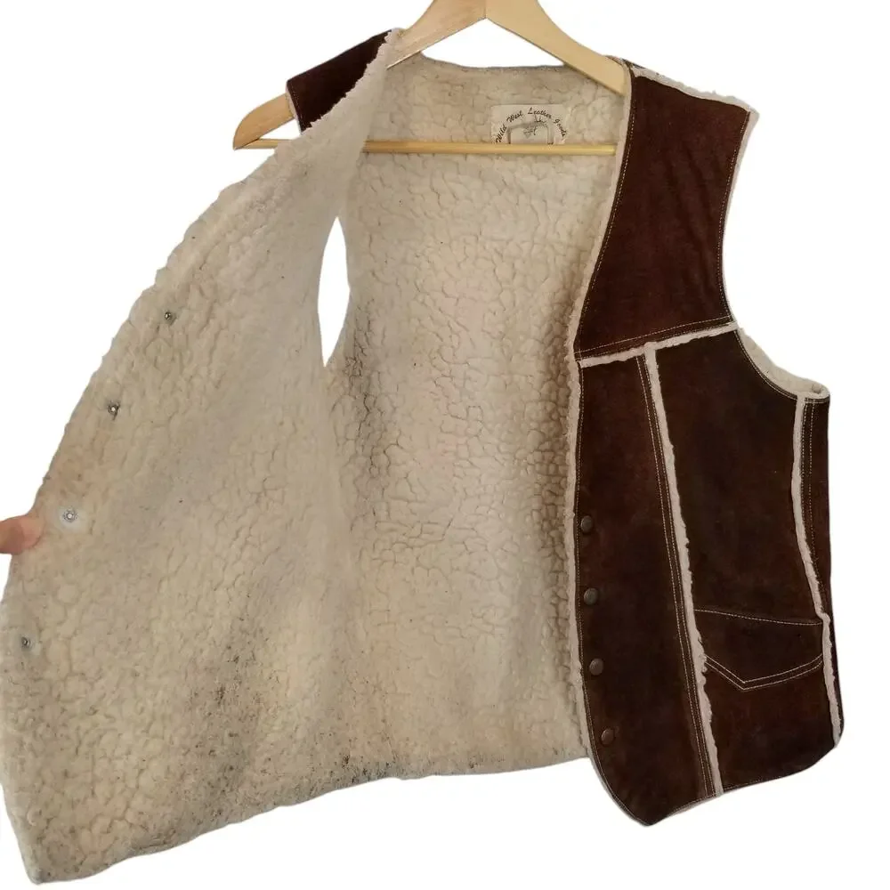 Wild West Leather Goods Western Vintage Brown Suede Sherpa Lined Vest Size 42 L